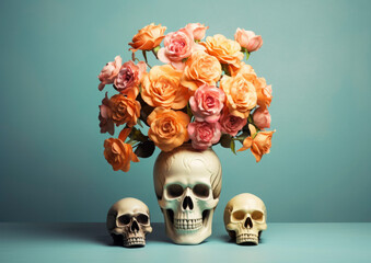 skull seen from the front with natural flower arrangement on the head on a light blue background, day of the dead