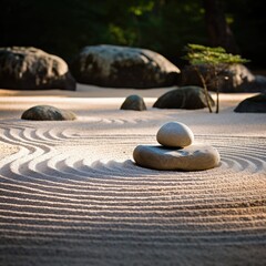 Zen garden with carefully raked sand grooves and stones