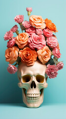 skull seen from the front with natural flower arrangement on the head on a light blue background, day of the dead