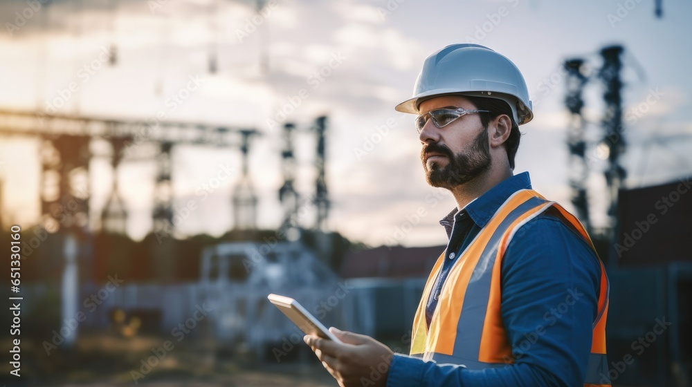 Poster Electrician engineer checking substation power.