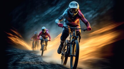 Man riding on mountain bike at night with light.