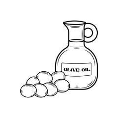 Olive oil in a glass flask on a white background