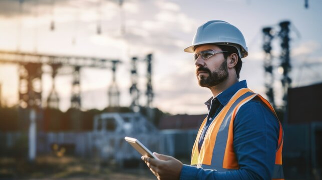 Electrician engineer checking substation power.