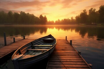 A boat docked on a pier during sunset on a peaceful lake. Generative AI