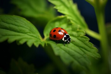 A small beetle, ladybug, rests on a fresh leafy stem. Generative AI