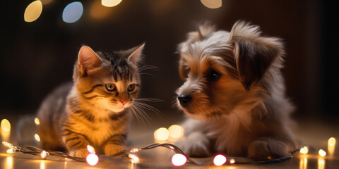 Fototapeta na wymiar Cat and Dog and Christmas Lights. Cute Puppy and Kitten with Electric Garland on a festive Christmas Background