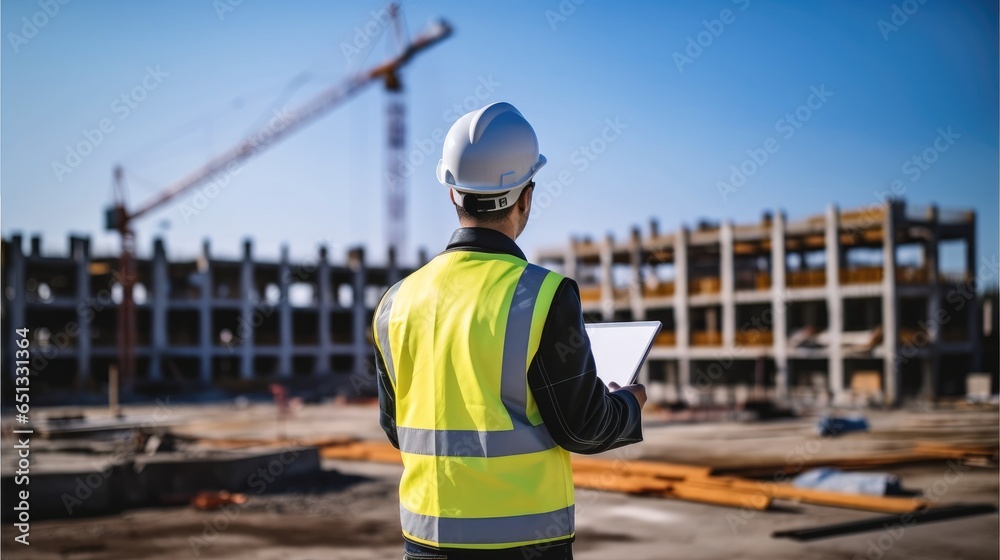Poster senior architect using technology at construction site.