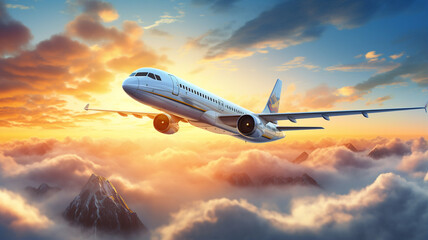 Fototapeta na wymiar flying airplane in sky at sunset