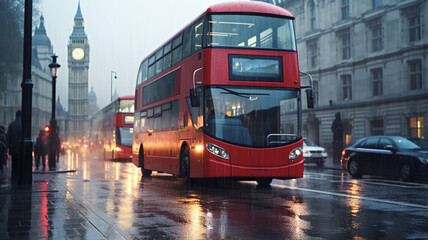 Red double decker bus in London - obrazy, fototapety, plakaty