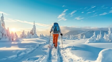 Man walking with snowshoes in winter forest landscape.