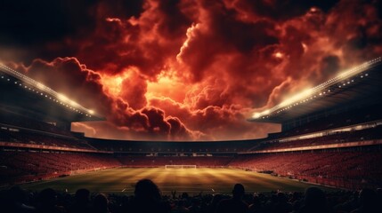 Football stadium with Scary dramatic red clouds background.