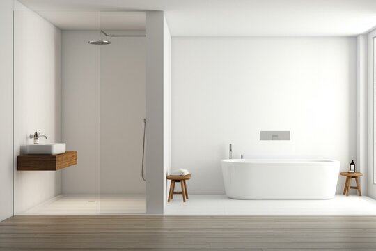 Minimalist bathroom with a pristine white wall, ready for personal touch. Features a shower and an empty, contemporary interior design. Generative AI