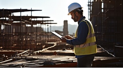 Architect using digital tablet checking work at construction site.