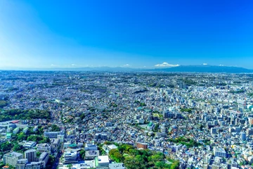 Fotobehang 横浜風景みなとみらいから望む富士山と街並み © oka