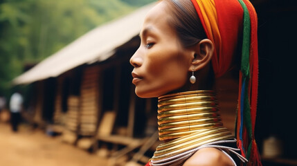 Portrait of Karen Long Neck Woman at Hill Tribe Village, Tribe in Thailand.