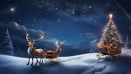 Illustration of a festive reindeer pulling a sleigh filled with a Christmas tree in a snowy Christmas scene, Christmas Background, created with Generative AI technology - obrazy, fototapety, plakaty