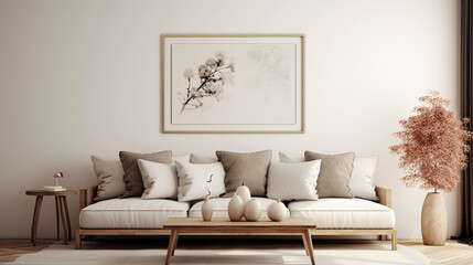 Neutrals scandinavian style interior with wall art canva for mock ups. Mid century modern room with a sofa.