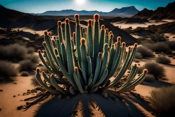  cactus at sunset, A majestic cactus, standing tall in the arid desert landscape, its spiky arms reaching towards the endless blue sky.  © SANA