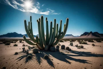 Zelfklevend Fotobehang cactus in the desert, A majestic cactus, standing tall in the arid desert landscape, its spiky arms reaching towards the endless blue sky.  © SANA