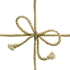Rope cord tied with a bow watercolor illustration. Hand drawn element. Isolated. Square frame.