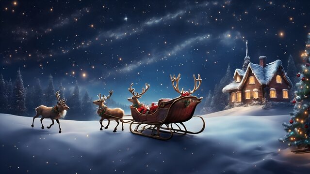 Illustration of festive reindeers pulling a sleigh with a Christmas tree in a snowy Christmas scene, Christmas Background, created with Generative AI technology