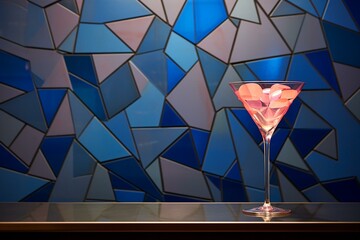 Martini glass on table next to tiled wall with pink and blue design. Generative AI
