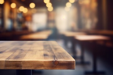 Blurred cafe background with wooden table. Generative AI