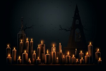 Illustration of a dark backdrop with candles for commemoration of All Souls Day and All Saints Day. Generative AI