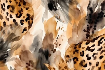 Pattern with leopard animal skin in a seamless watercolor design. Generative AI - obrazy, fototapety, plakaty