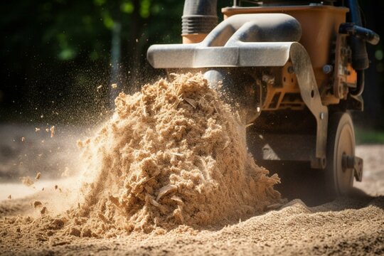 A machine grinds a tree stump into sawdust and mulch in a close-up view. Generative AI