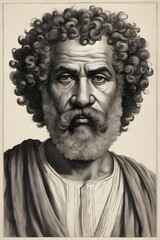 a real man portrait chubby face black dark eyes roman spartan macedonian Aristotle curly hair