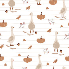 Fototapeta premium Geese with pumpkins on the grid background - kids seamless vector pattern. Autumn childish design for textile, paper, package. Fall fabric illustrations