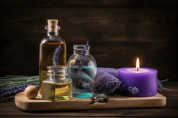 Obraz na płótnie Canvas Still-life composition of spa scene with oil bottle, candles, lavender, towels on wooden background; symbolizing water, health, and spa. Generative AI