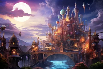 Foto op Canvas Enchanting scenery featuring a fantastical city floating among clouds, combining elements of steampunk and fantasy genres in vibrant colors. Generative AI © Una