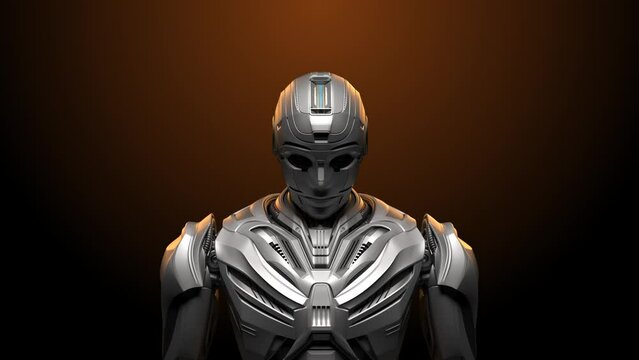 Futuristic robot man or humanoid cyber male being turned on. Slow zoom on the upper body. Front view isolated on dark background. 3d rendering animation
