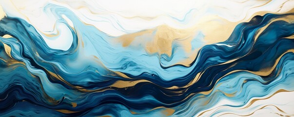 Abstract marble marbled ink painted painting texture luxury background banner - Blue waves swirls gold painted splashe | Generative AI