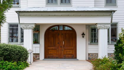 Contemporary Elegance: Wooden Door and Stone Porch. Generated with AI