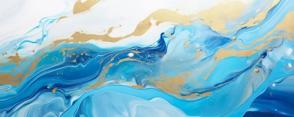 Photo sur Plexiglas Cristaux Abstract marble marbled ink painted painting texture luxury background banner - Blue waves swirls gold painted splashe   Generative AI