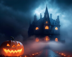 Fototapeta na wymiar A mysterious castle in the moonlight on Halloween night.