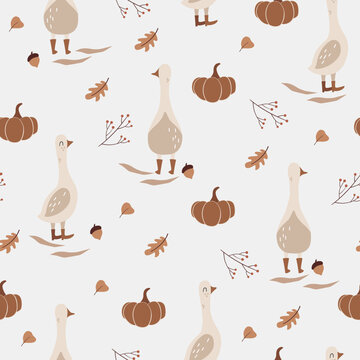 Geese in autumn with pumpkins  - kids seamless vector pattern. Fall childish design for textile, paper, package. Autumn fabric illustrations