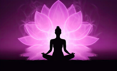 Silhouette of Woman in Yoga Lotus Position Against Pink Ornate Background - obrazy, fototapety, plakaty