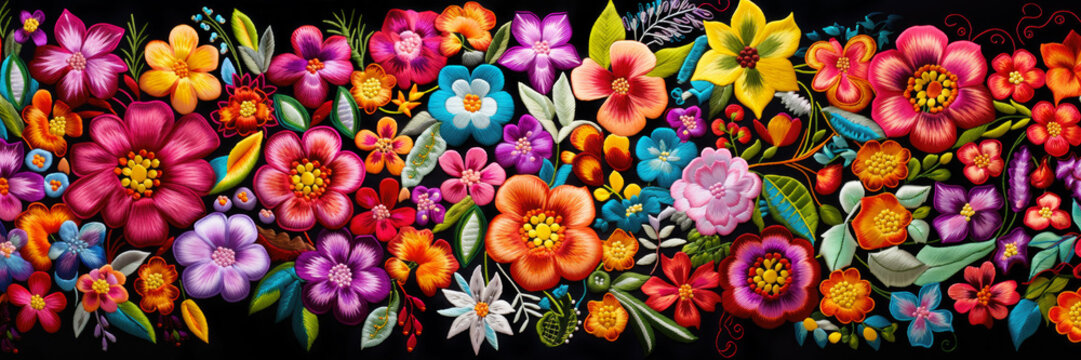 Colorful Flowers Embroidered Decorative Textile Pattern on Black Background