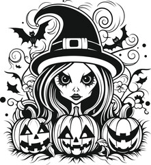 Vector cartoon illustration Girl in costume Halloween witch with halloween pumkin Happy halloween on white