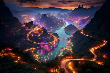 Stunning display of colorful lights over a mesmerizing valley. Generative AI