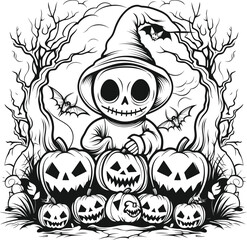 Vector cartoon little Girl in costume Halloween witch with halloween pumkin Happy halloween on white