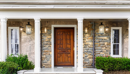 Fototapeta premium Contemporary Elegance: Wooden Door and Stone Porch. Generated with AI
