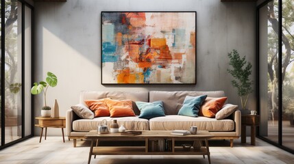 Boho, rustic interior design of a modern living room with a grey sofa near a wall with an abstract art poster