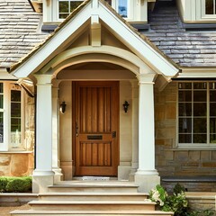 Contemporary Elegance: Wooden Door and Stone Porch. Generated with AI