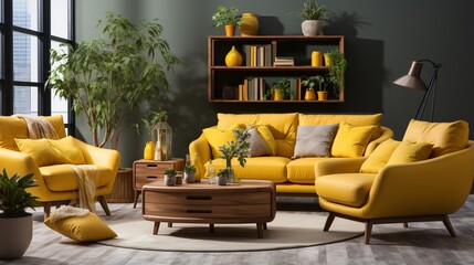 Cozy interior design of a modern living room with a yellow sofa and armchair - obrazy, fototapety, plakaty