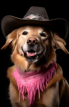 dog in cowboy hat with pink bandana